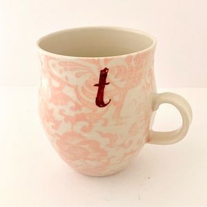 Anthropologie Monogram Coffee Mug Initial " T " with Pink Floral Pattern, NEW